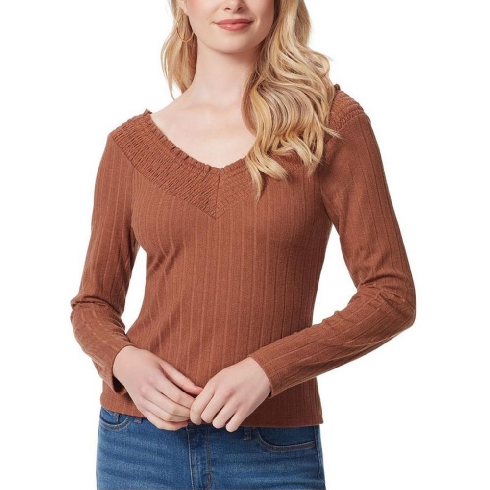 Jessica Simpson Womens Myra Brown Smocked V Neck Top Blouse Shirt NEW